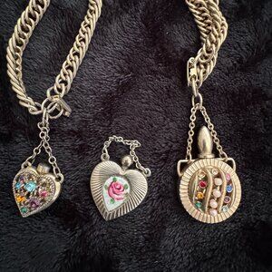 Antique Mini Perfume Bottles Jewelry Rhinestones, Rose Guilloche Enamel